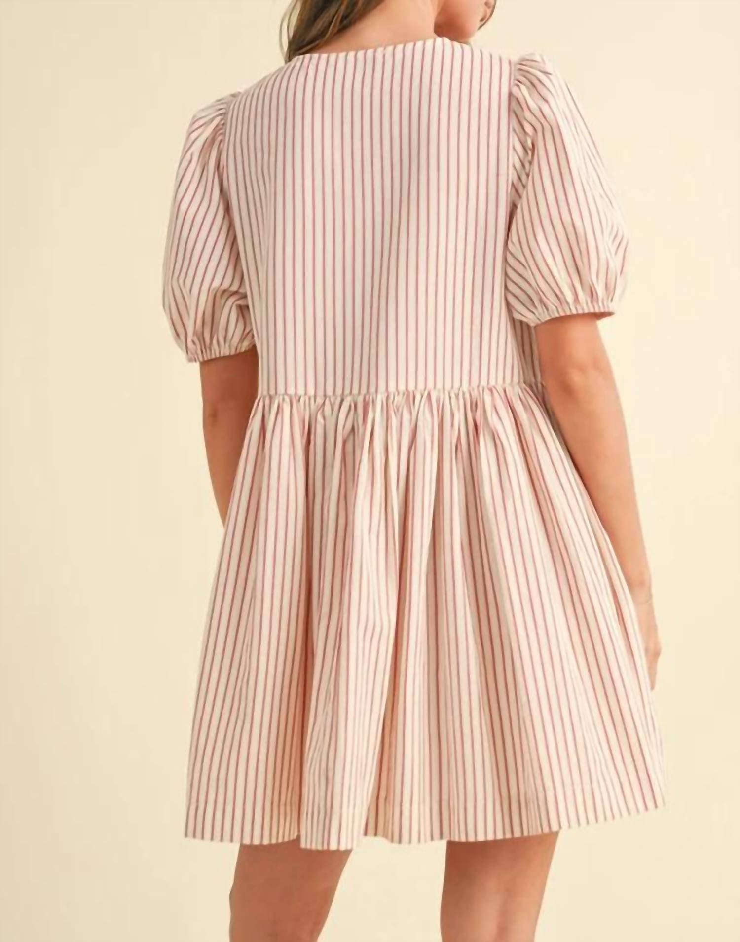 Miou Muse - Stripe With Bow Tie Front Short Sleeve Dress