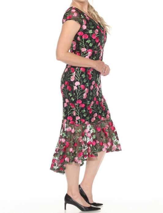 Joseph Ribkoff - Floral Embroidered Mesh Midi Trumpet Dress