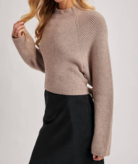Bluivy - Mock Neck Open Back Ribbed Knit Tie Sweater Top