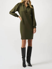 Joseph Ribkoff Zipped Collared Long Puff Sleeves Shift Dress in khaki - women's dress