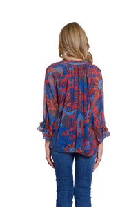 Multiples - Double Flounce Raglan 3/4 Sleeve Tie Front Shirred Neck Top