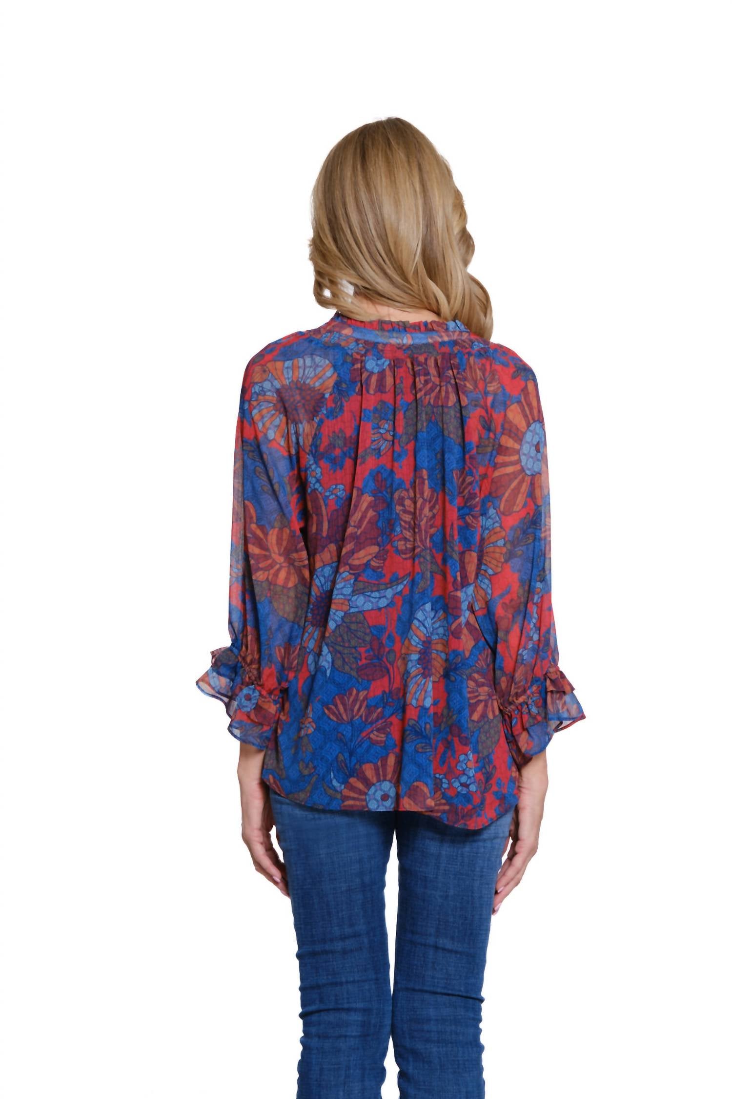 Multiples - Double Flounce Raglan 3/4 Sleeve Tie Front Shirred Neck Top