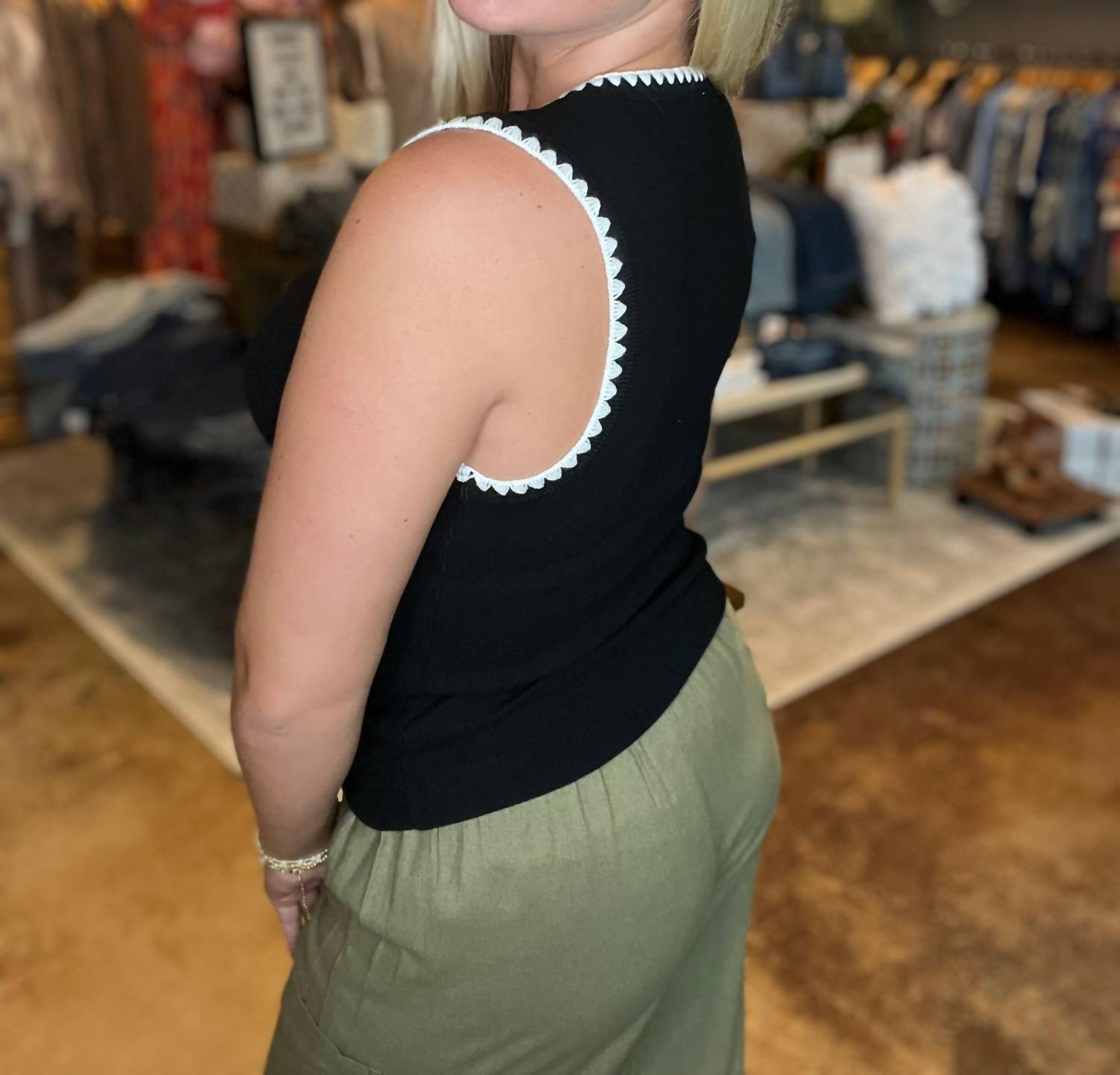So Me Rib Sleeveless With Embroidery Detail Tank Top in black - women's tank top - detail view