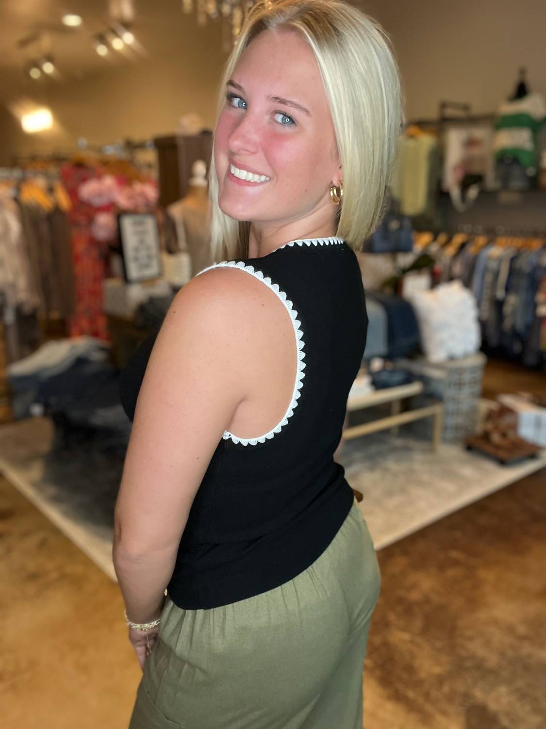 So Me Rib Sleeveless With Embroidery Detail Tank Top in black - women's tank top - alternate view