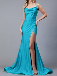 Amelia Couture - Fitted Glitter Gown With Cowl Neck And Slit