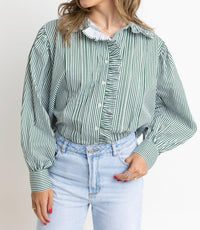 Karlie Striped Ruffle Trim Top in green - women's long sleeve top - alternate view