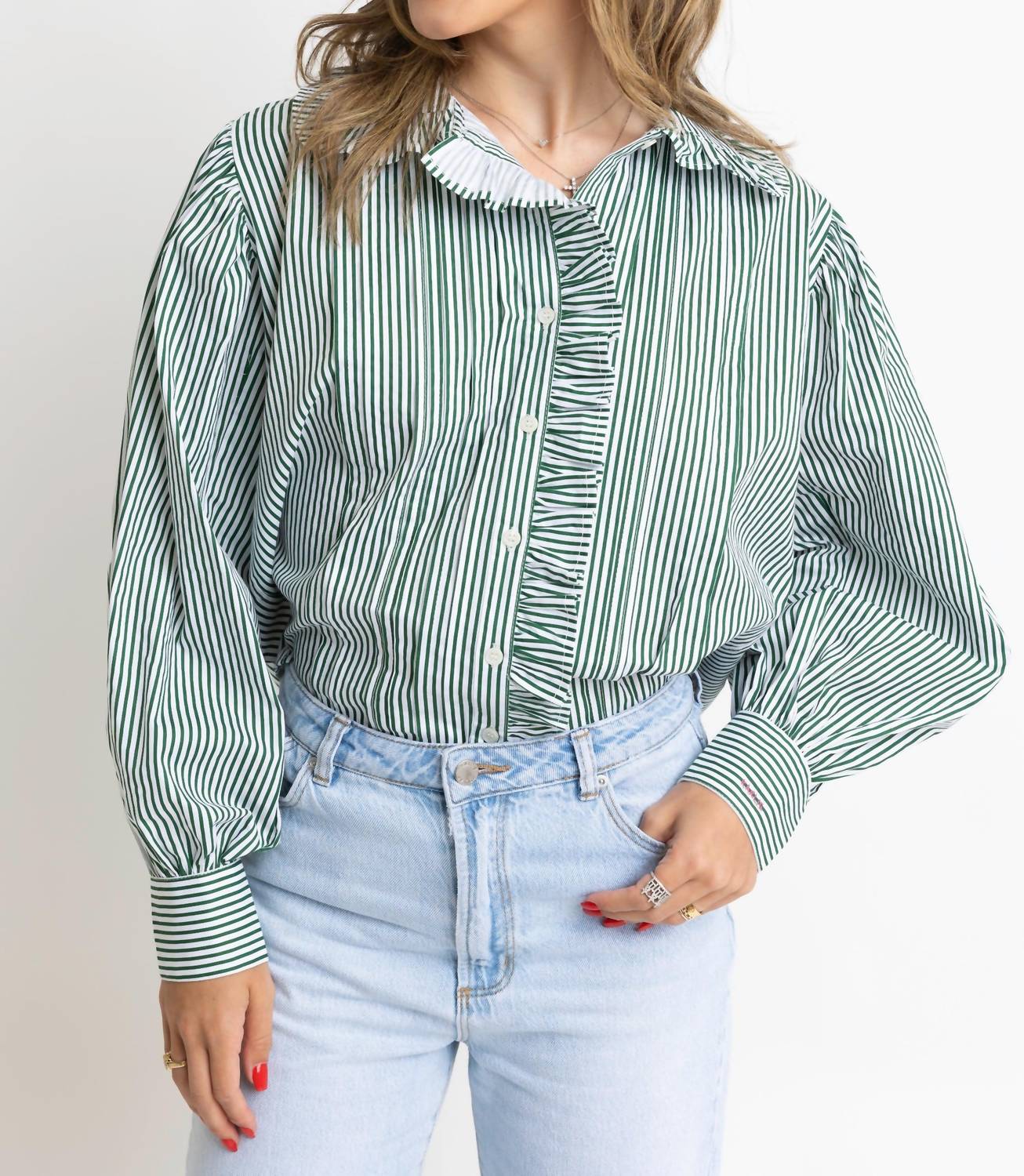 Karlie Striped Ruffle Trim Top in green - women's long sleeve top - alternate view