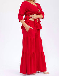 Karen T Design - Hollow Lace Up Top And Spliced Wide Leg Pants