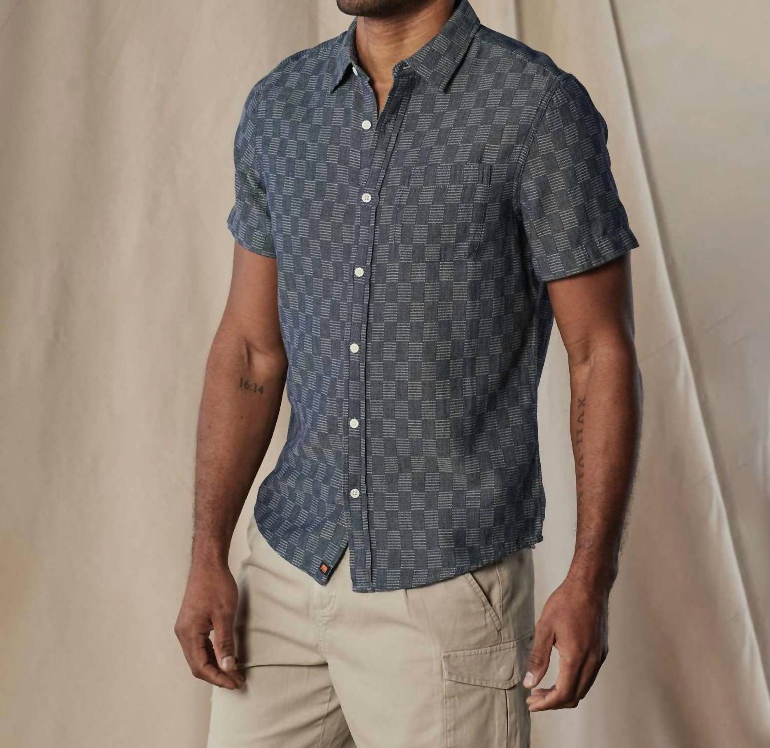 The Normal Brand Short Sleeve Button Up Shirt in summer navy check - men's shirt - alternate view