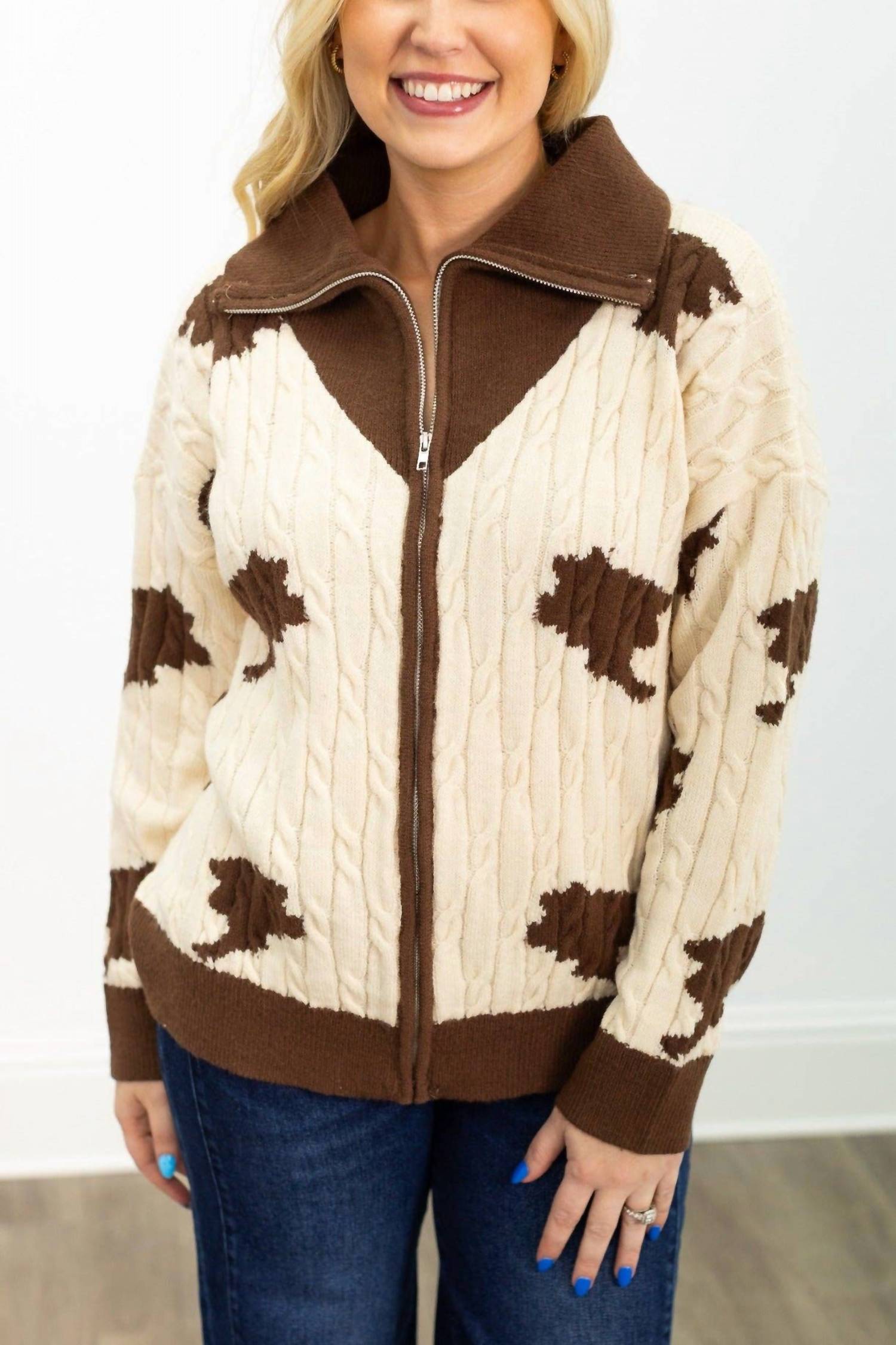 Southern Grace - Zip Cow Print Sweater