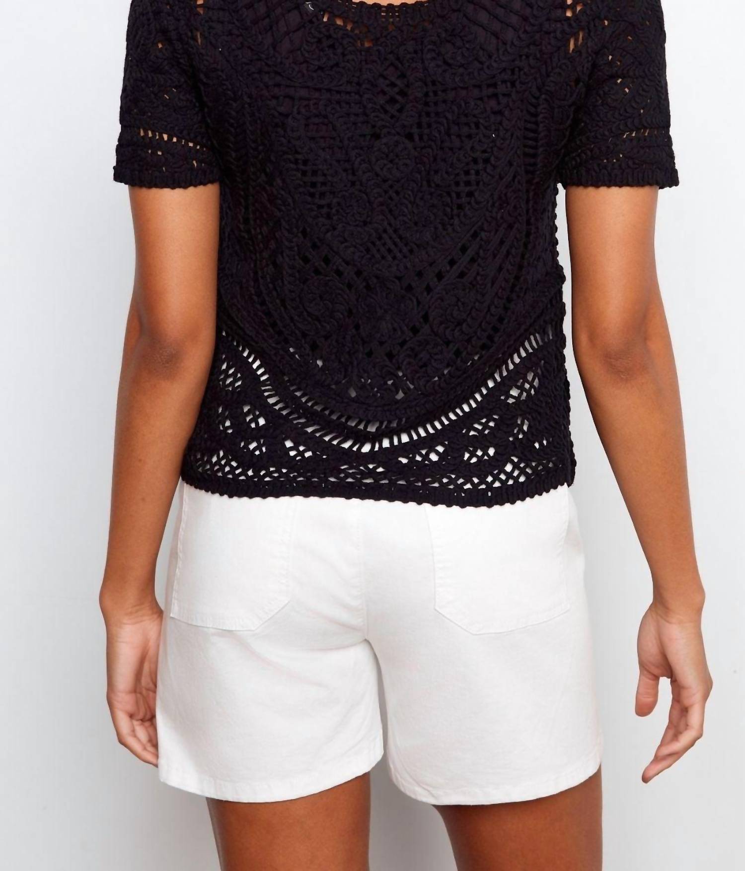 CHARLIE B Reversible Short Sleeve Crochet Top in black - women's blouse - alternate view