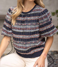 Voy - Elastic Band Detailed Textured Tweed Top
