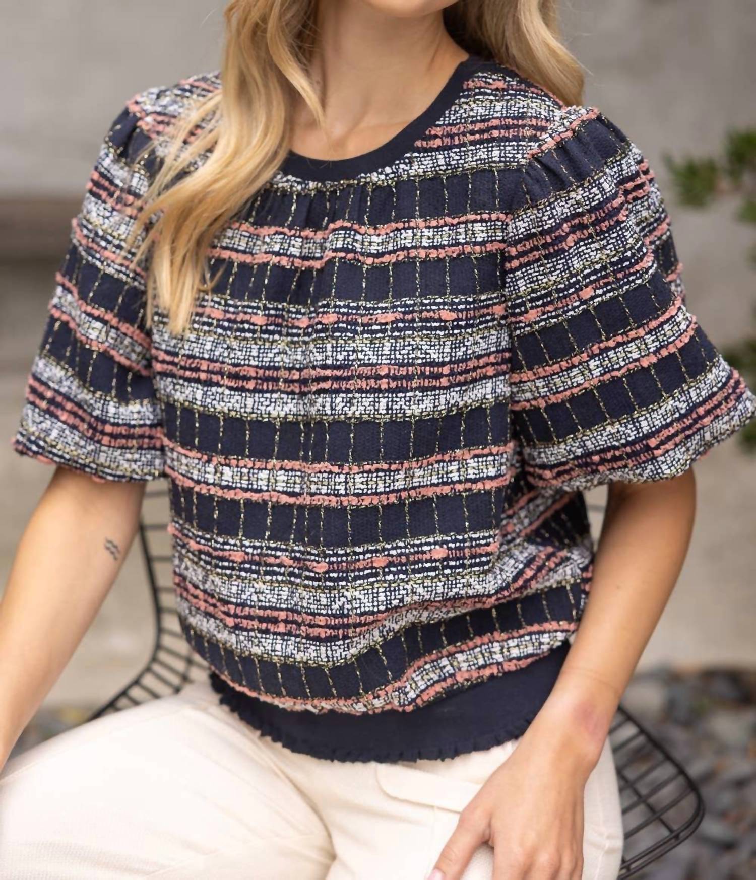 Voy - Elastic Band Detailed Textured Tweed Top