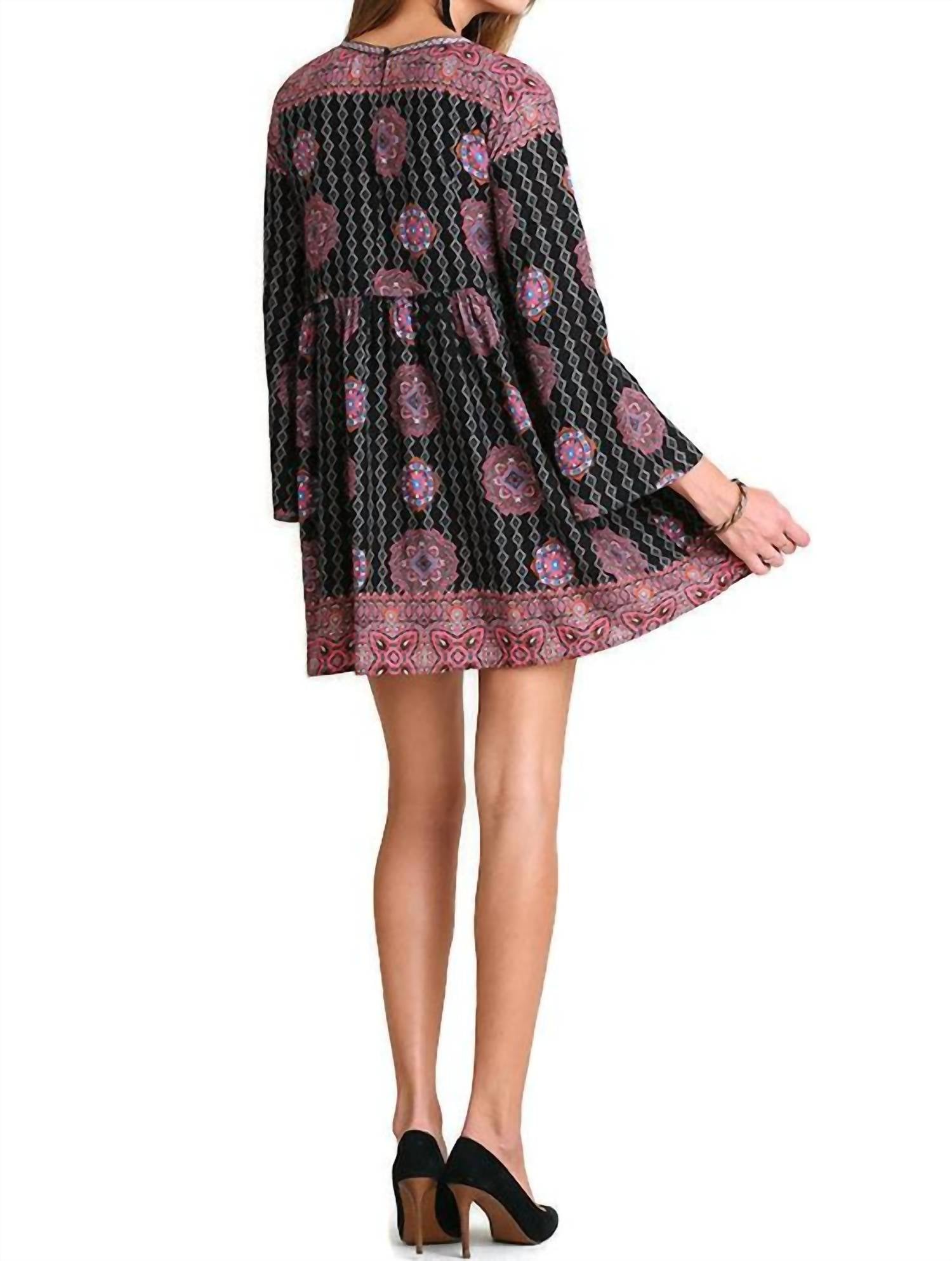 umgee Tassel Trim Peasant Dress in black - women's dress - detail view