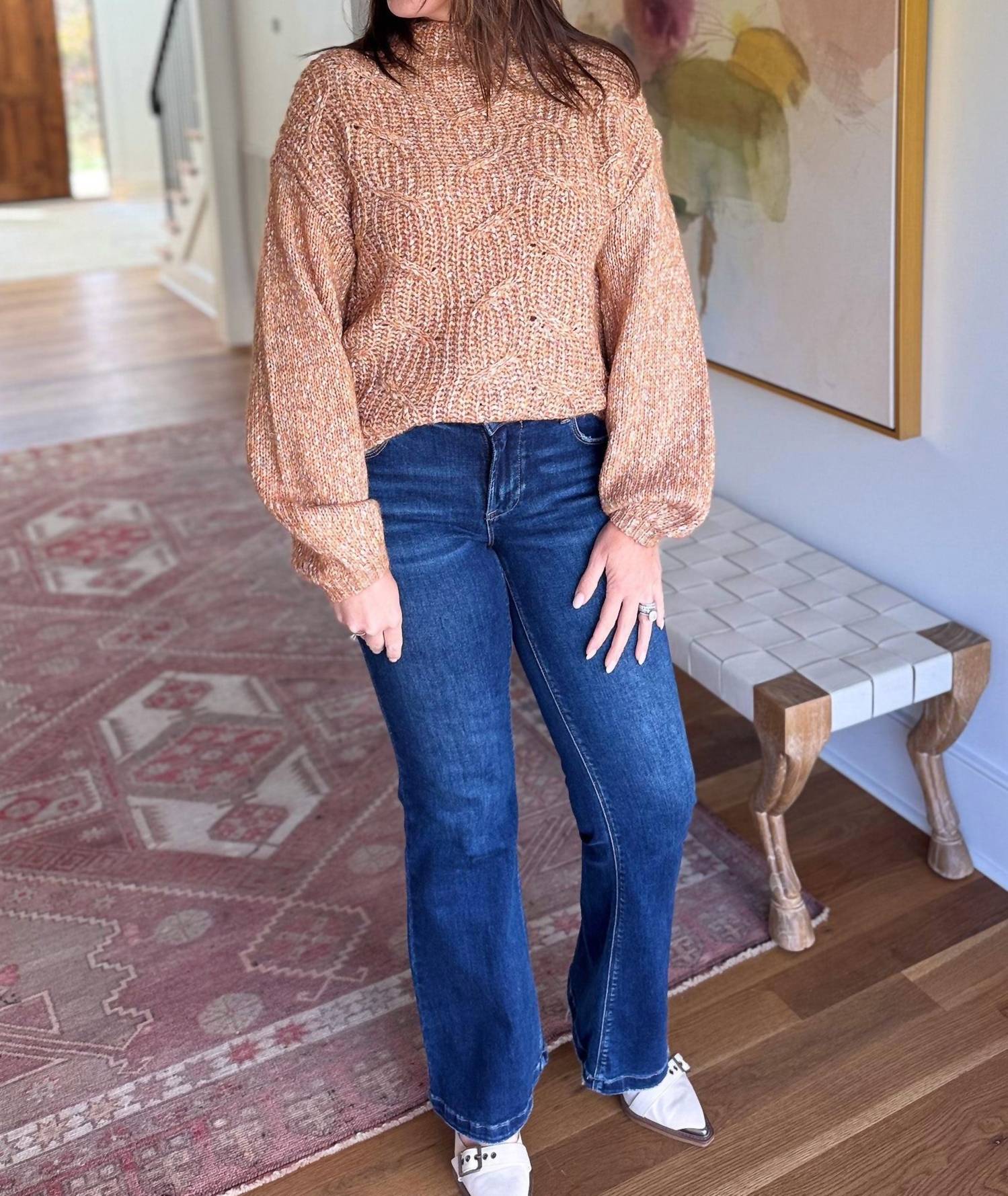 TRIBAL Warm Funnel Neck Oversized Sweater in cinnamon - women's sweater - detail view