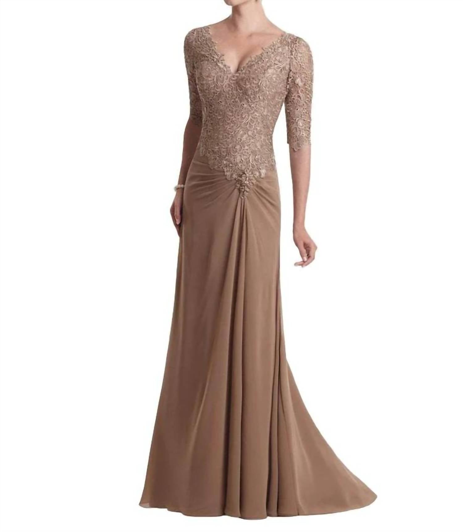 Social Occasions By Mon Cheri - Light Coffee Brocade Top Floor Length Gown