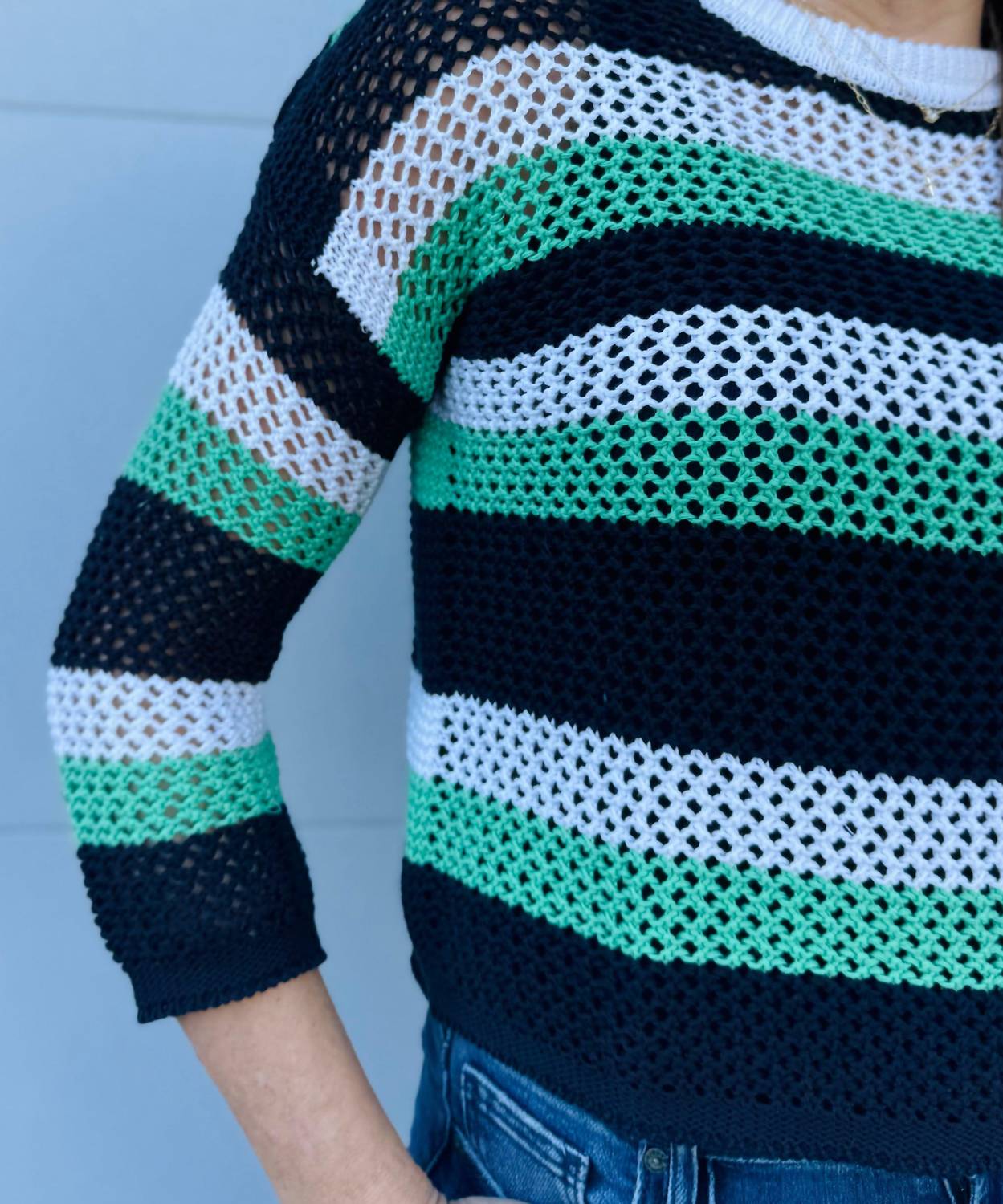 Pure Amici Ally Mesh Stripe Sweater in mint - women's sweater - detail view