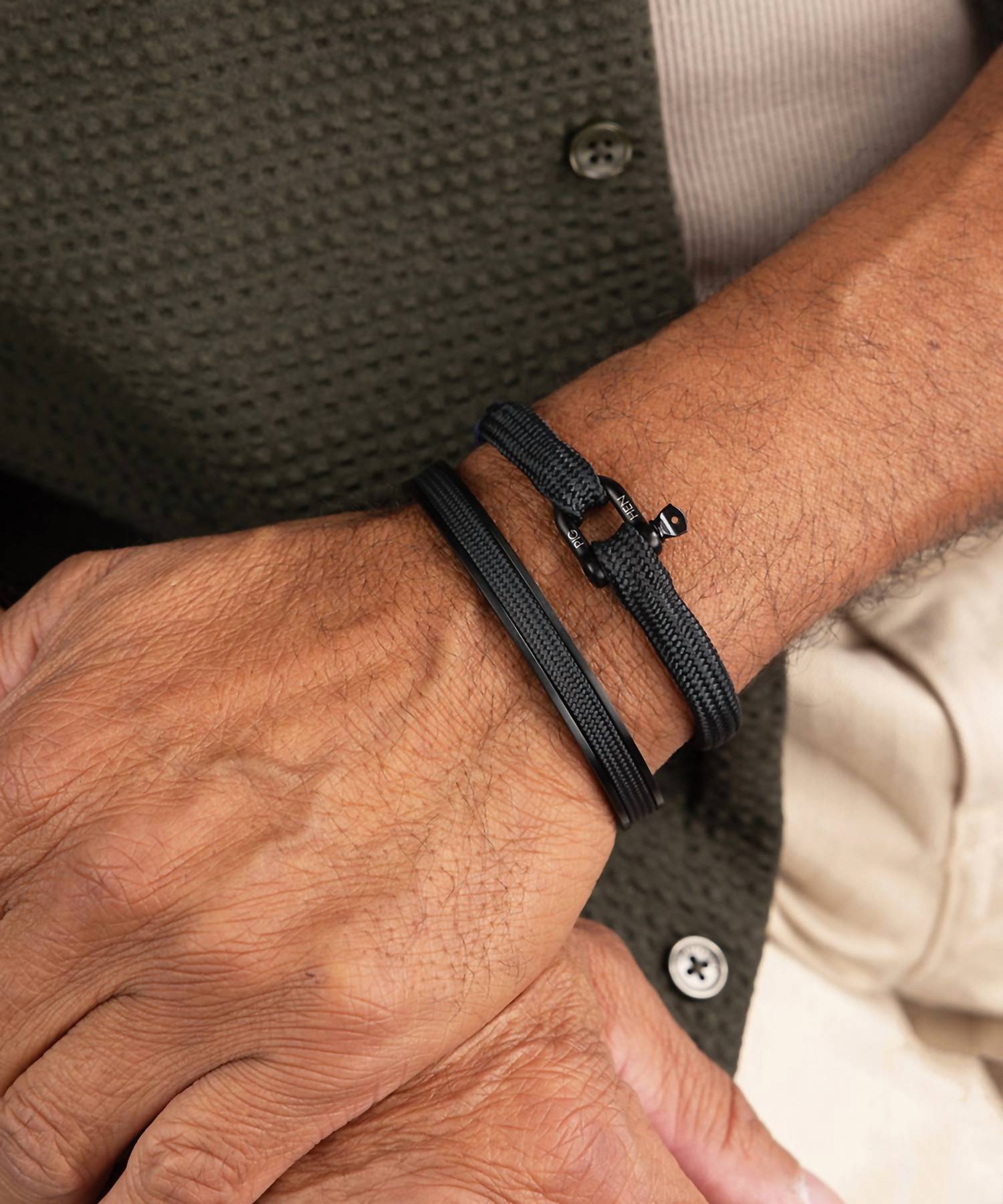 Pig & Hen Men's Navarch 9mm Cuff Bracelet in black black - men's jewelry - detail view