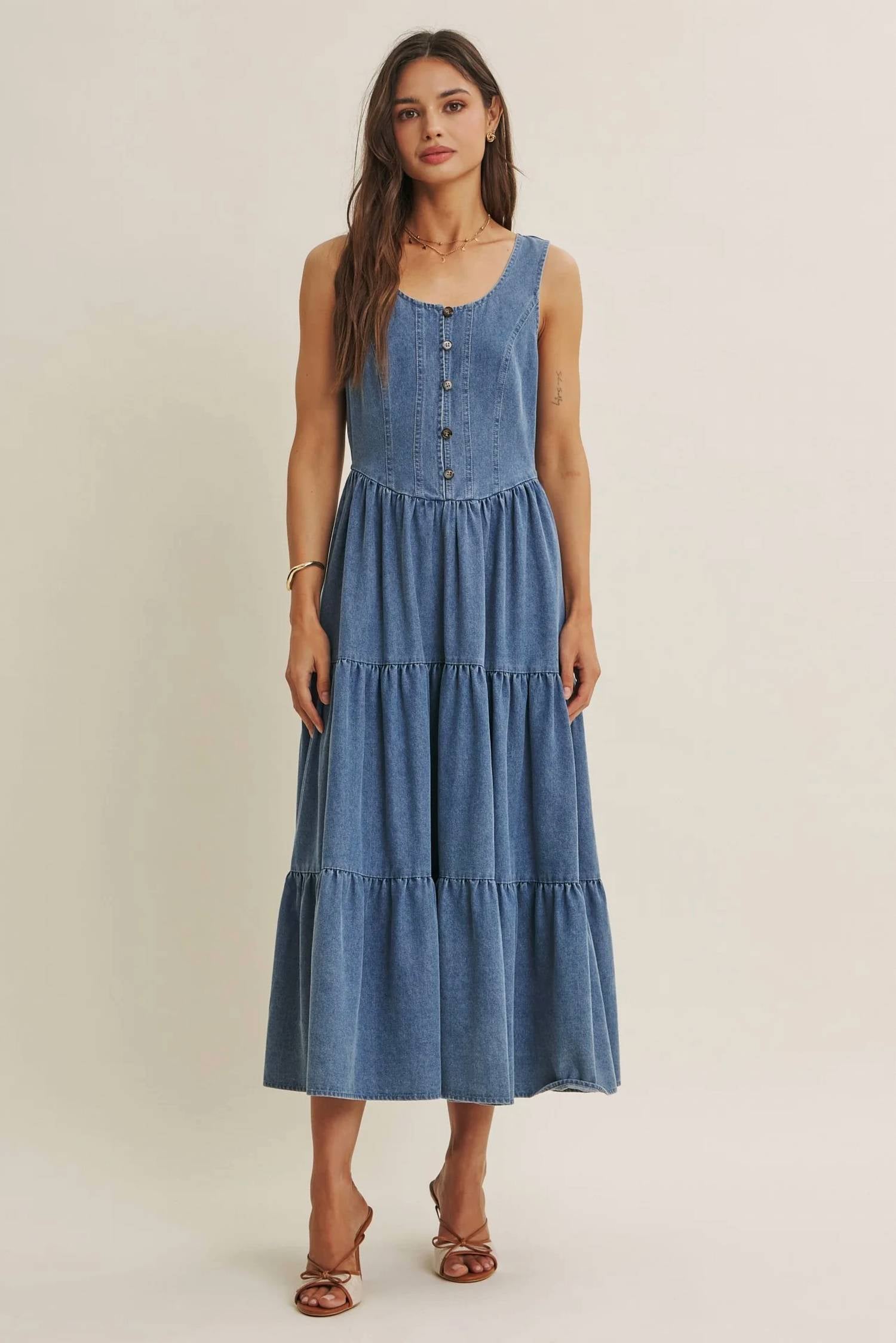 In February - Summer Roadtrip Sustainable Denim Tiered Midi Dress