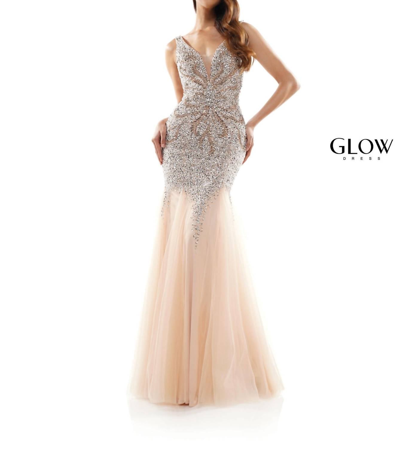 Glow by Colors Dress Beaded Tulle Mermaid Gown in gold - women's dress