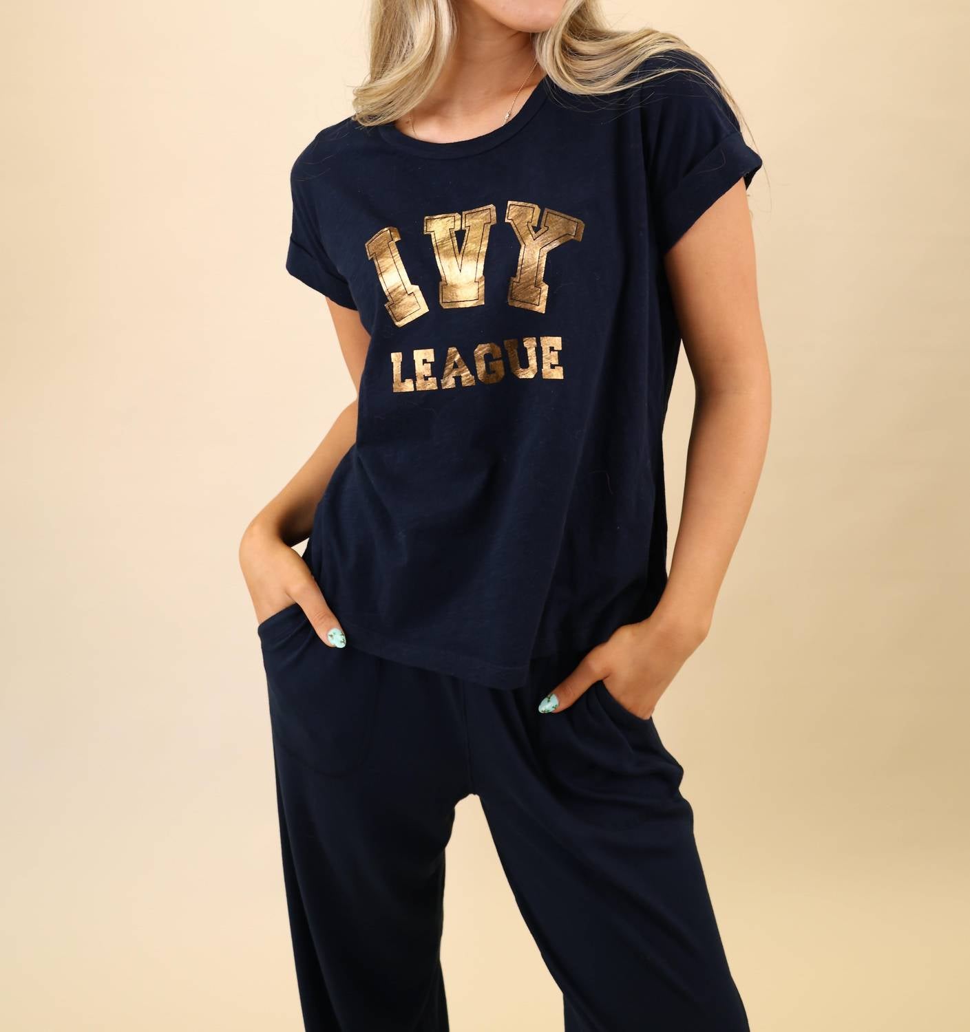 Sundry Ivy League Tee in deep navy - women's t-shirt - detail view