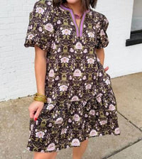 Entro - Floral Print Short Puff Sleeve Mini Dress