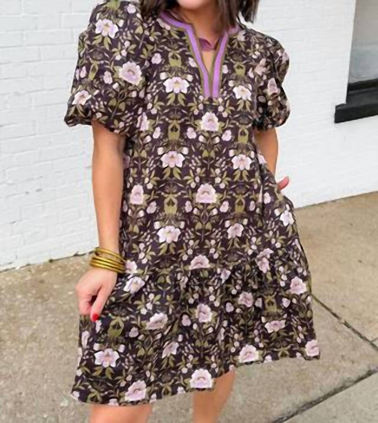 Entro - Floral Print Short Puff Sleeve Mini Dress