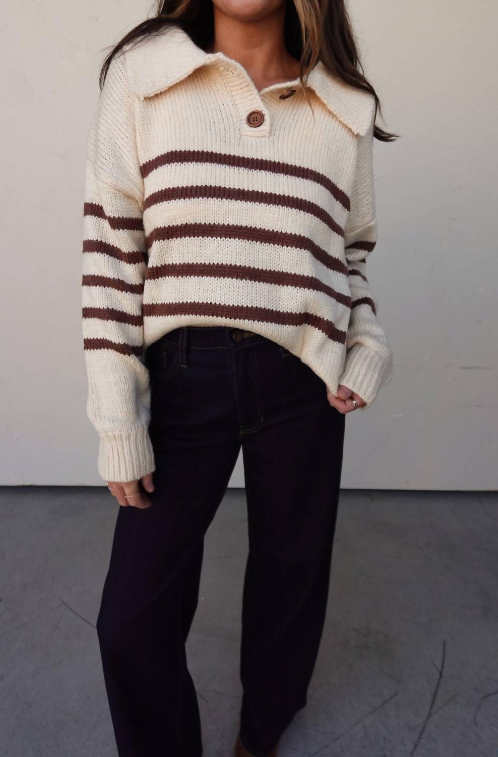 Listicle - Striped Button Collar Sweater