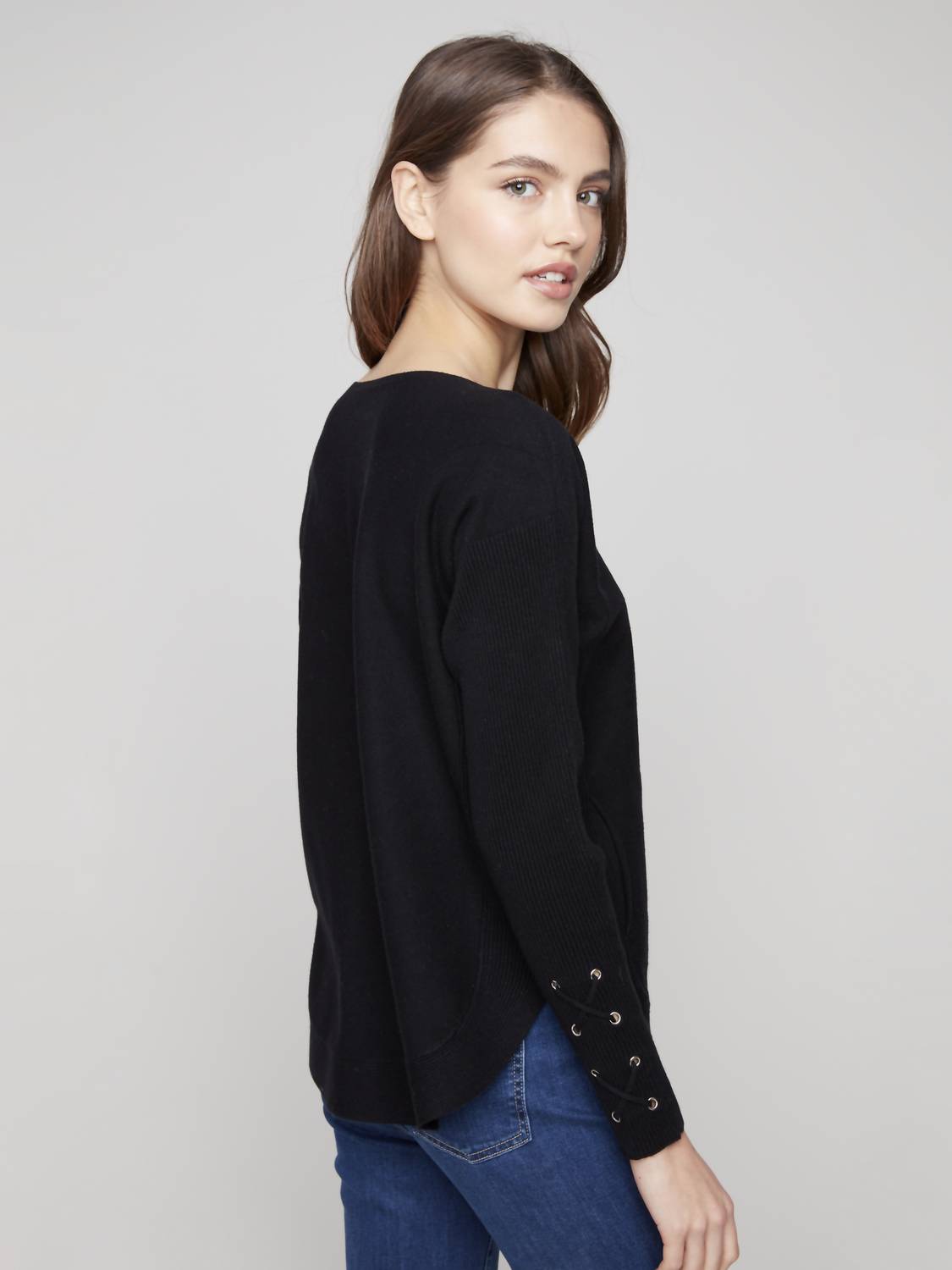 Charlie B - Round Hem Sweater With Lace-up Sleeve Detail