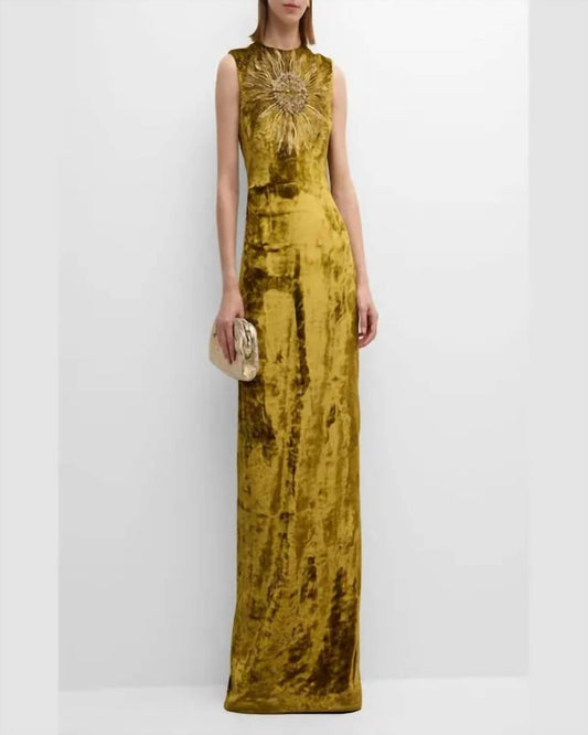 Lela Rose - Embroidered Sleeveless Crushed Velvet Gown
