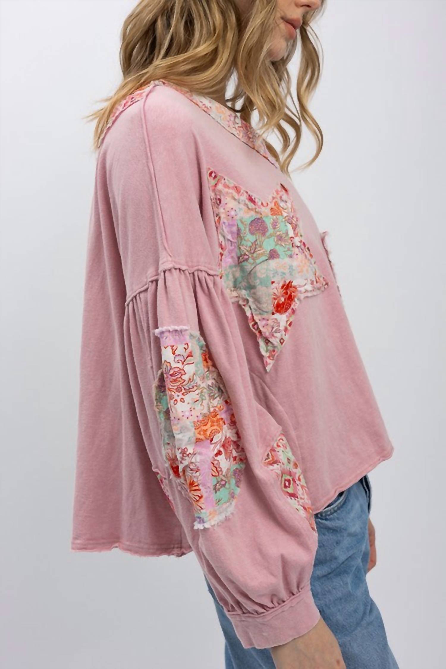 Blue Velvet - Patchwork Balloon Sleeve Top