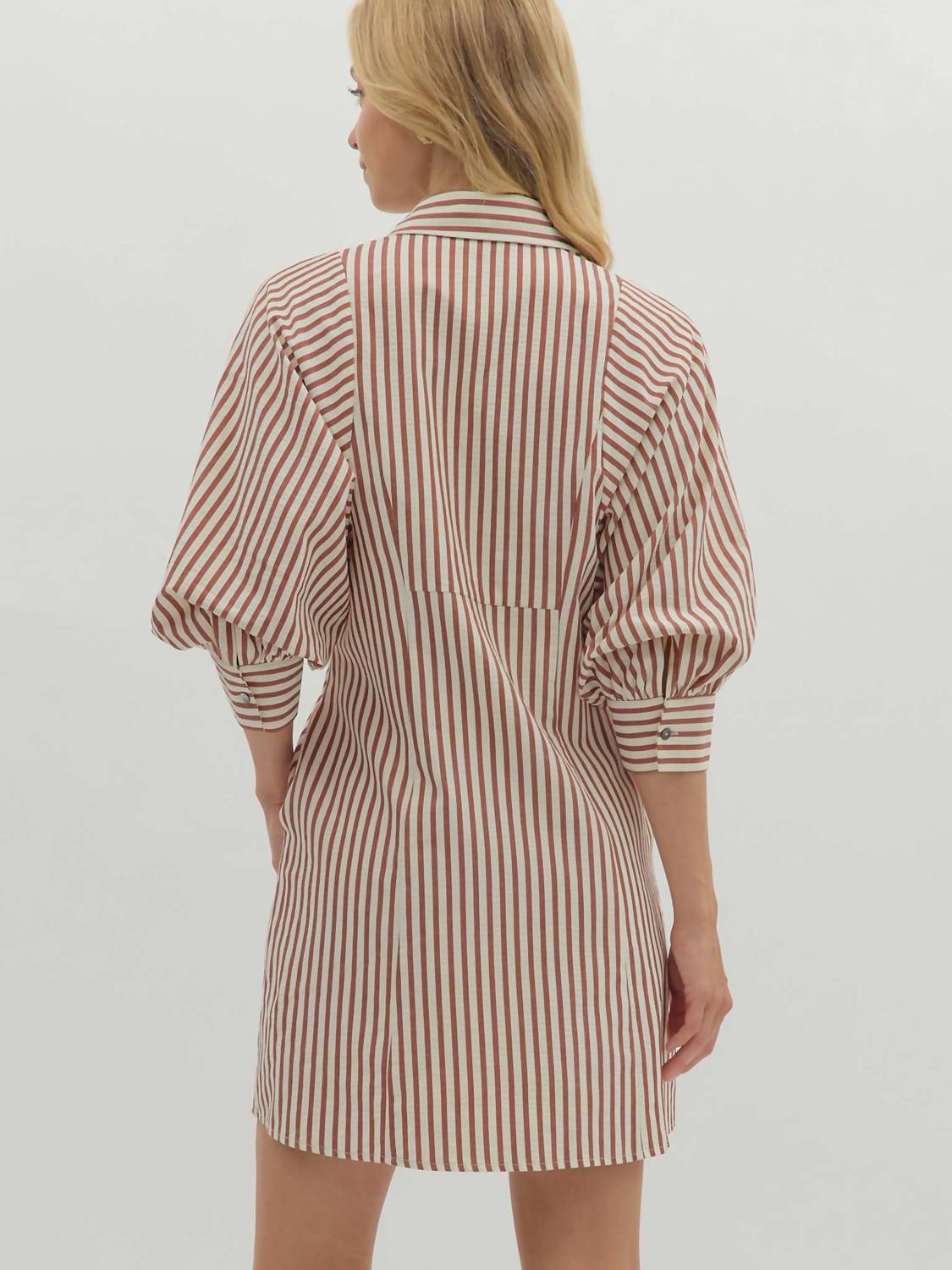 entro Striped Bow Tie Mini Shirt Dress in brick - women's dress - view 4