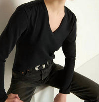 Nation LTD Remi V Neck Top in jet black 1 - women's long sleeve top - detail view
