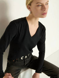 Nation LTD Remi V Neck Top in jet black 1 - women's long sleeve top - alternate view