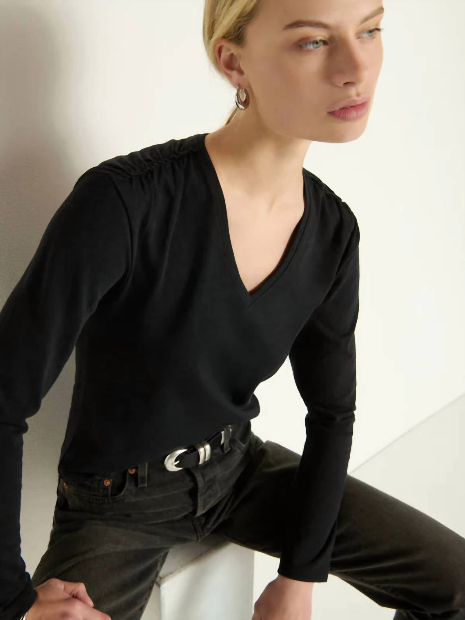 Nation LTD Remi V Neck Top in jet black 1 - women's long sleeve top - alternate view