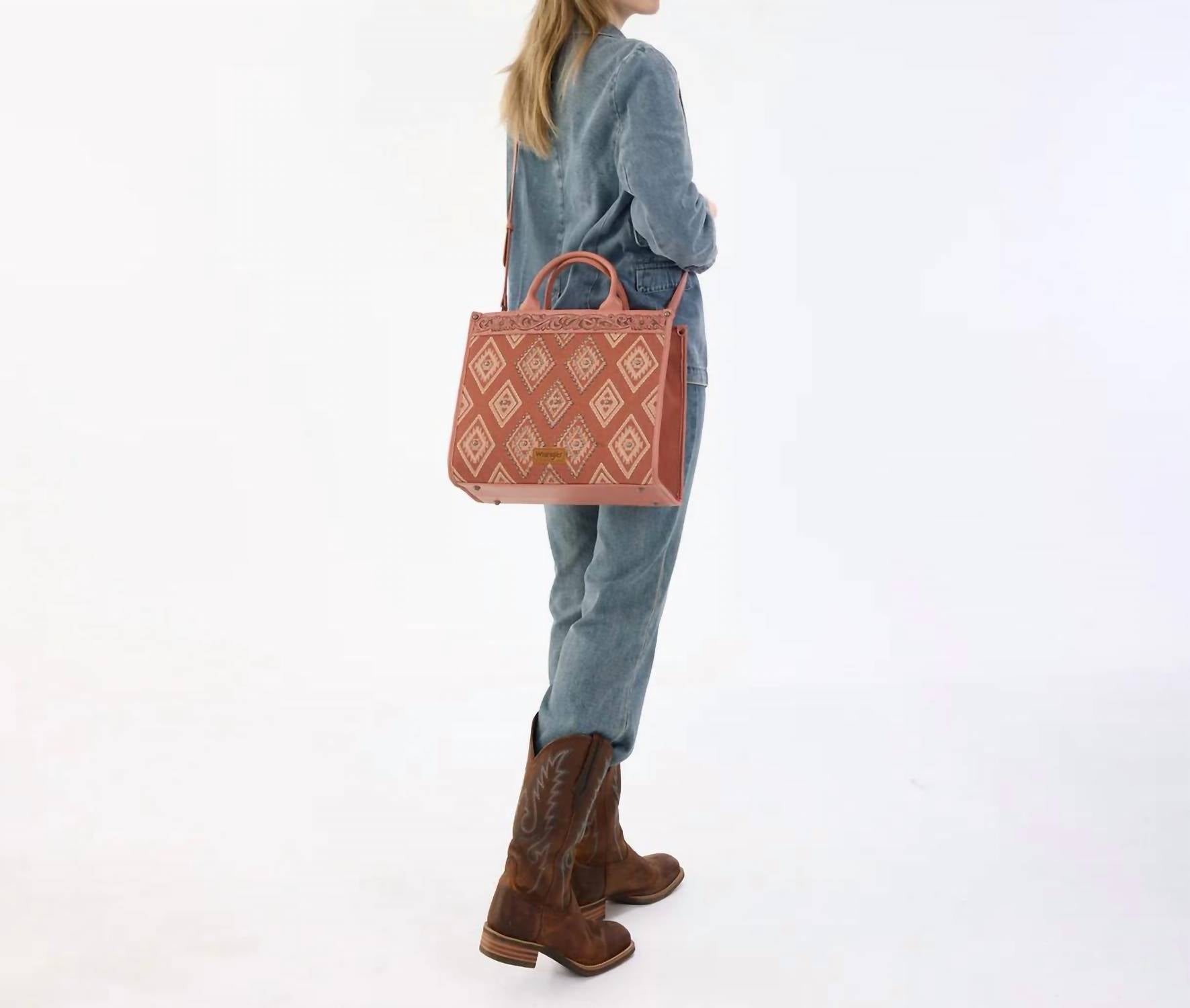 Wrangler Aztec Studded Tote & Crossbody bag in pink - women's bag - detail view