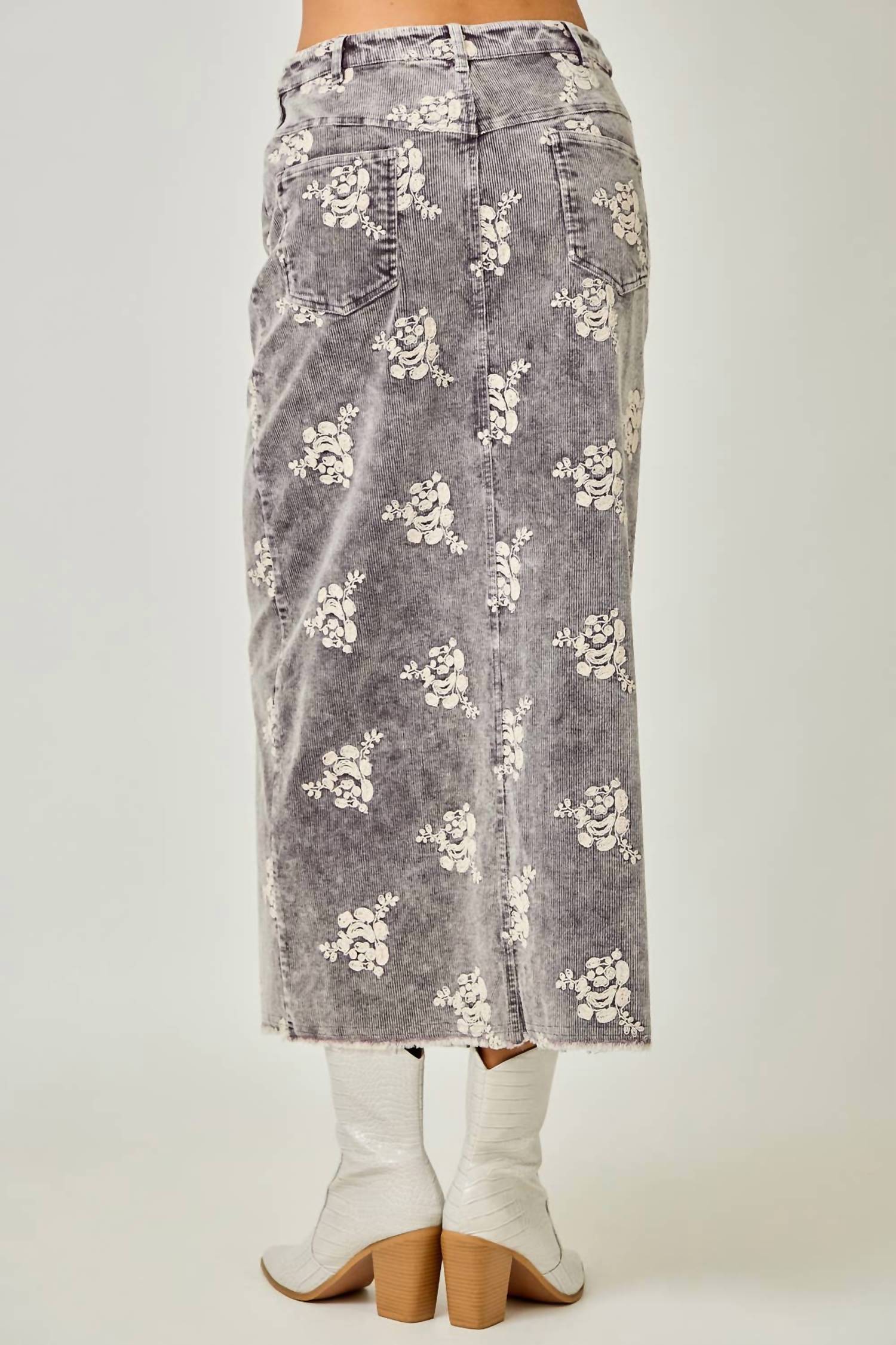 Mystree - Embroidered Front Slit Corduroy Midi Skirt