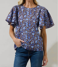 SUGARLIPS Princeton Floral Puff Sleeve Top in brown blue - women's blouse - view 6