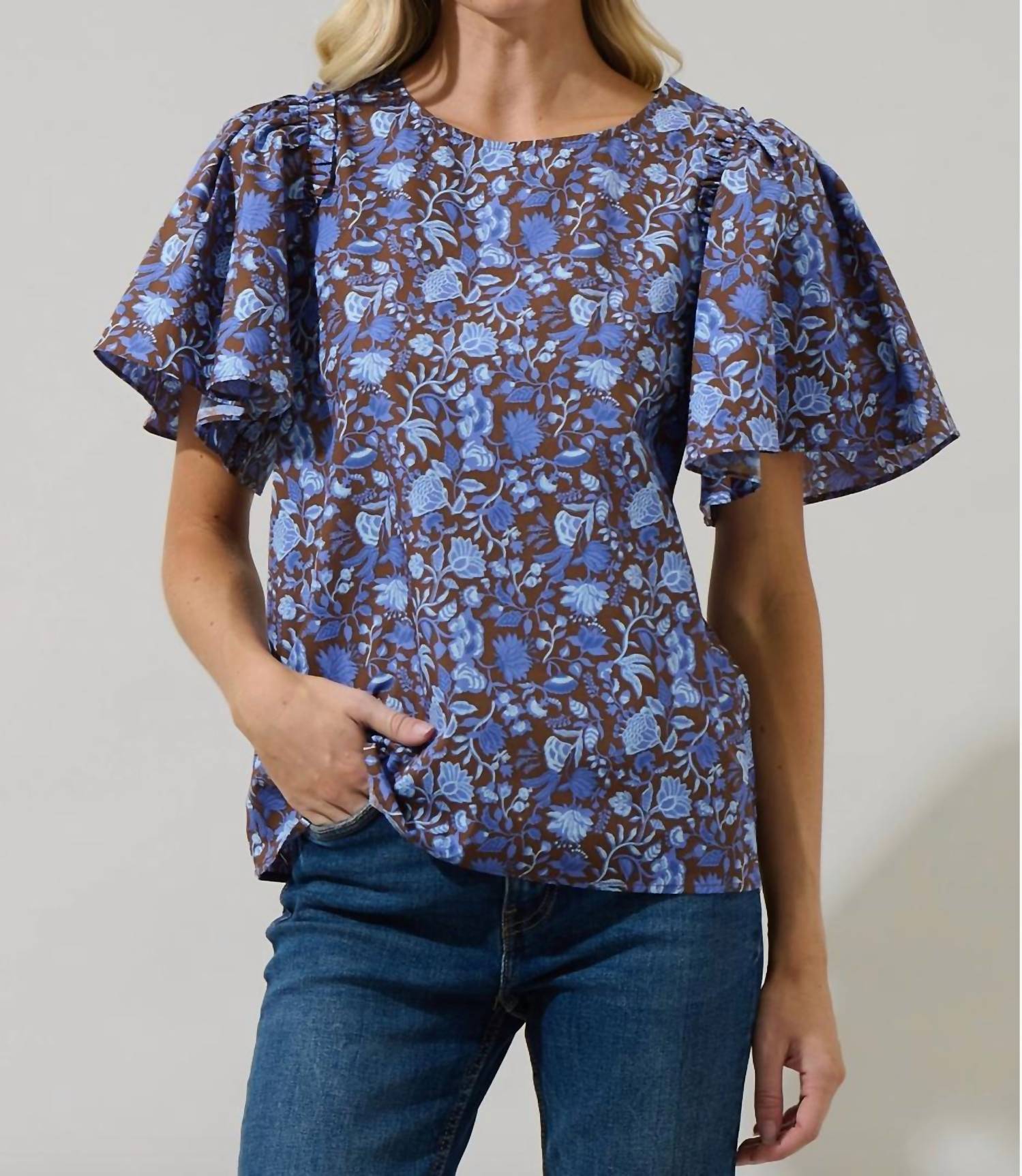 SUGARLIPS Princeton Floral Puff Sleeve Top in brown blue - women's blouse - view 6