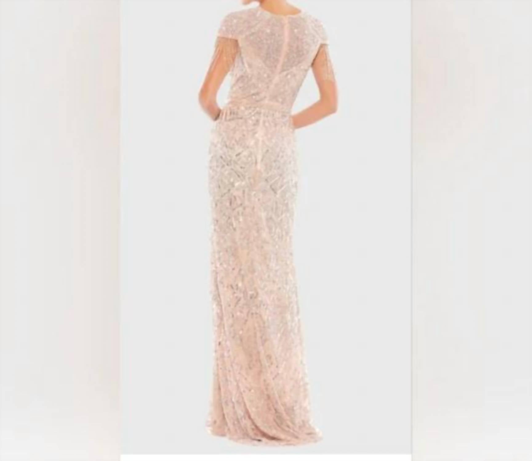 Ieena For Mac Duggal - Embellished Fringe Cap Sleeve Trumpet Gown