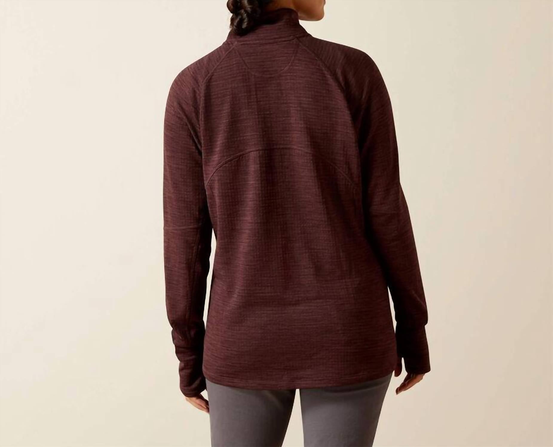 ARIAT Women's Gridwork Long Sleeve Zip Up Top in burgundy - women's long sleeve top - detail view