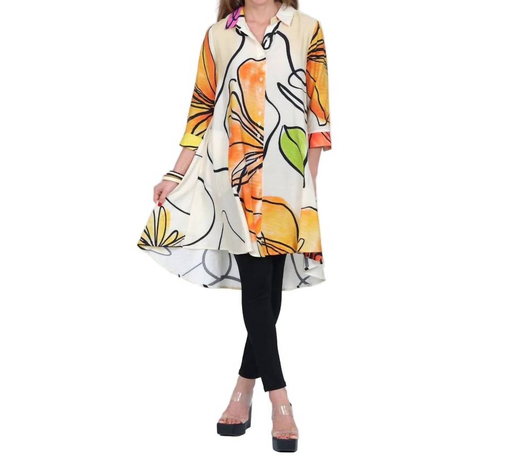 Lior - Abstract Leaf Print Button Front Shirt Dress
