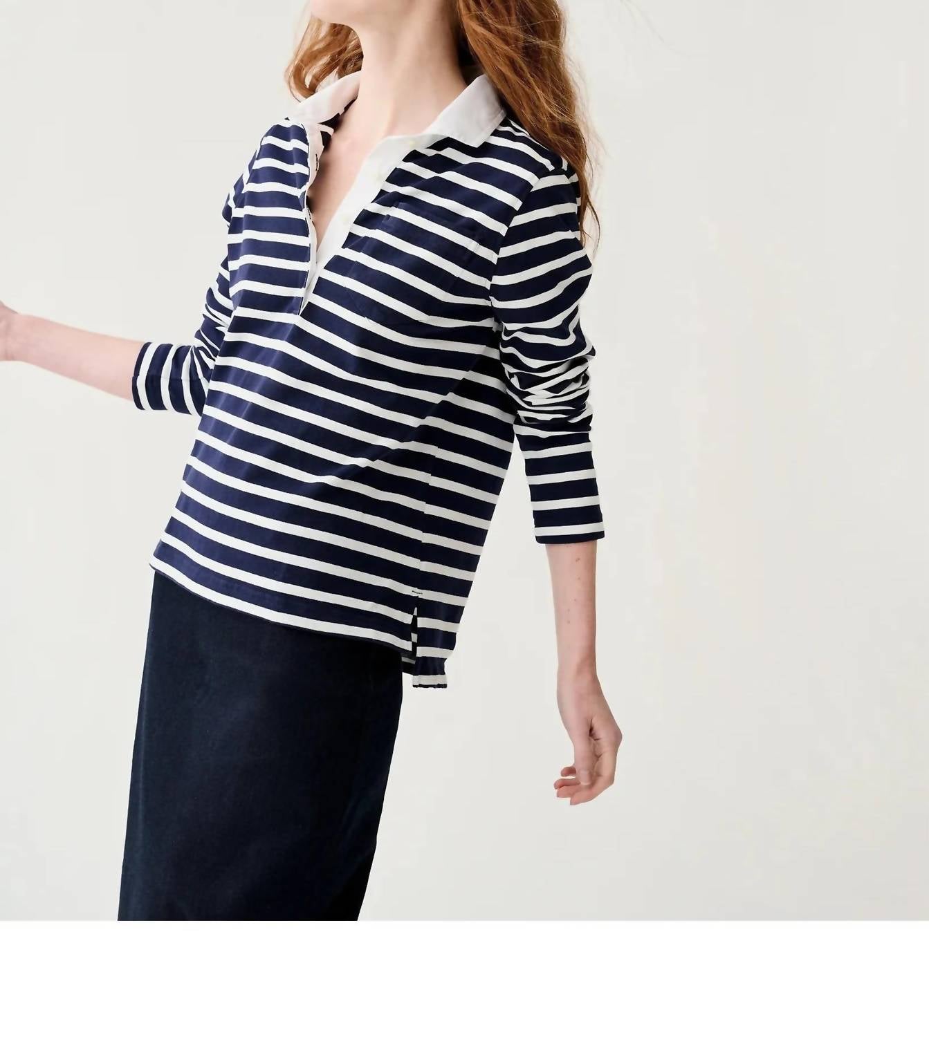 Ann Mashburn Franny Rugby Polo in navy white heavy jersey - women's long sleeve top - alternate view