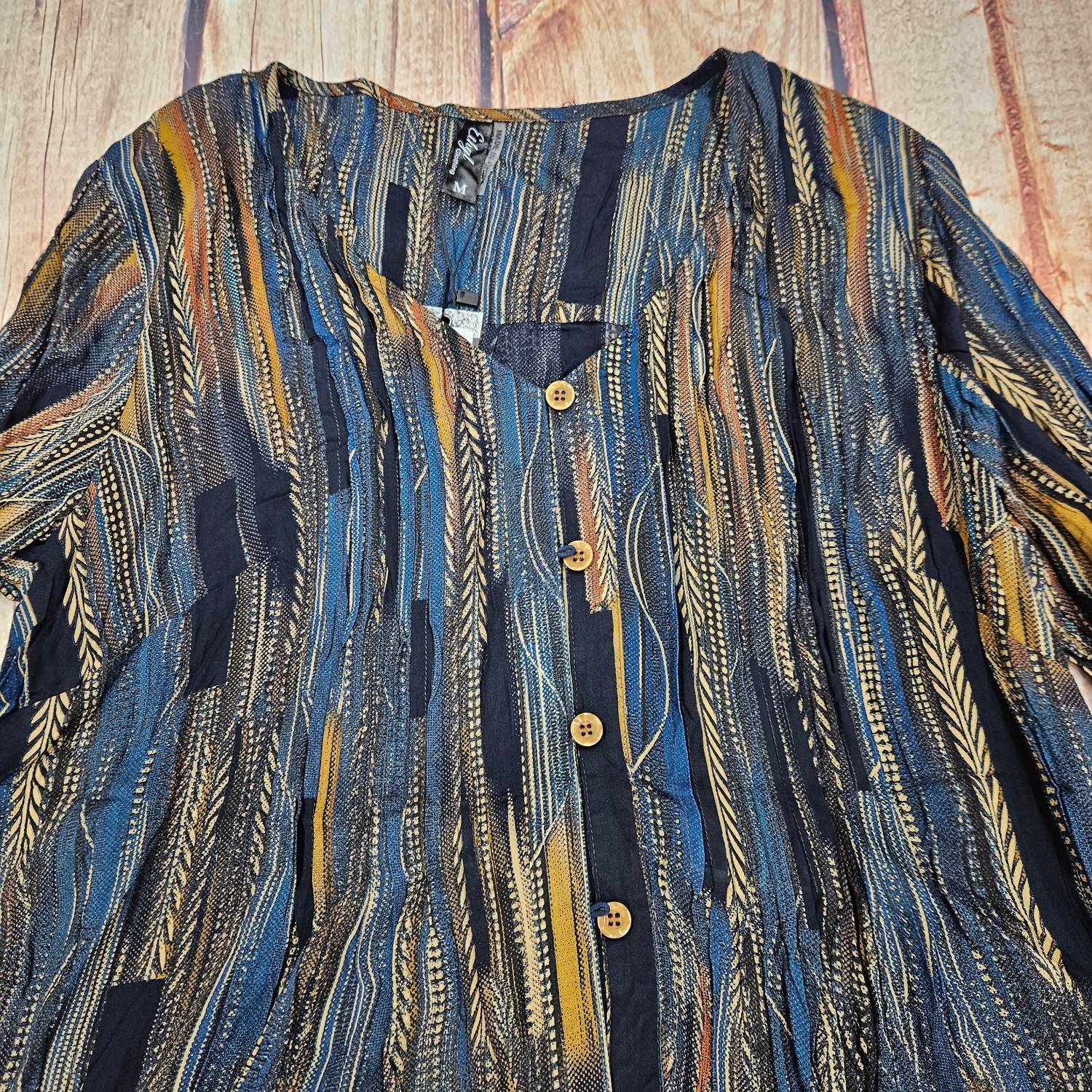 Ethyl Women's Celine Print Blouse in navy gold - women's blouse - detail view