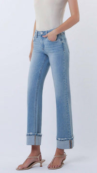 LOVERVET Women's Mid Rise Cuffed Slim Wide Leg Jeans in blue - women's jeans - detail view