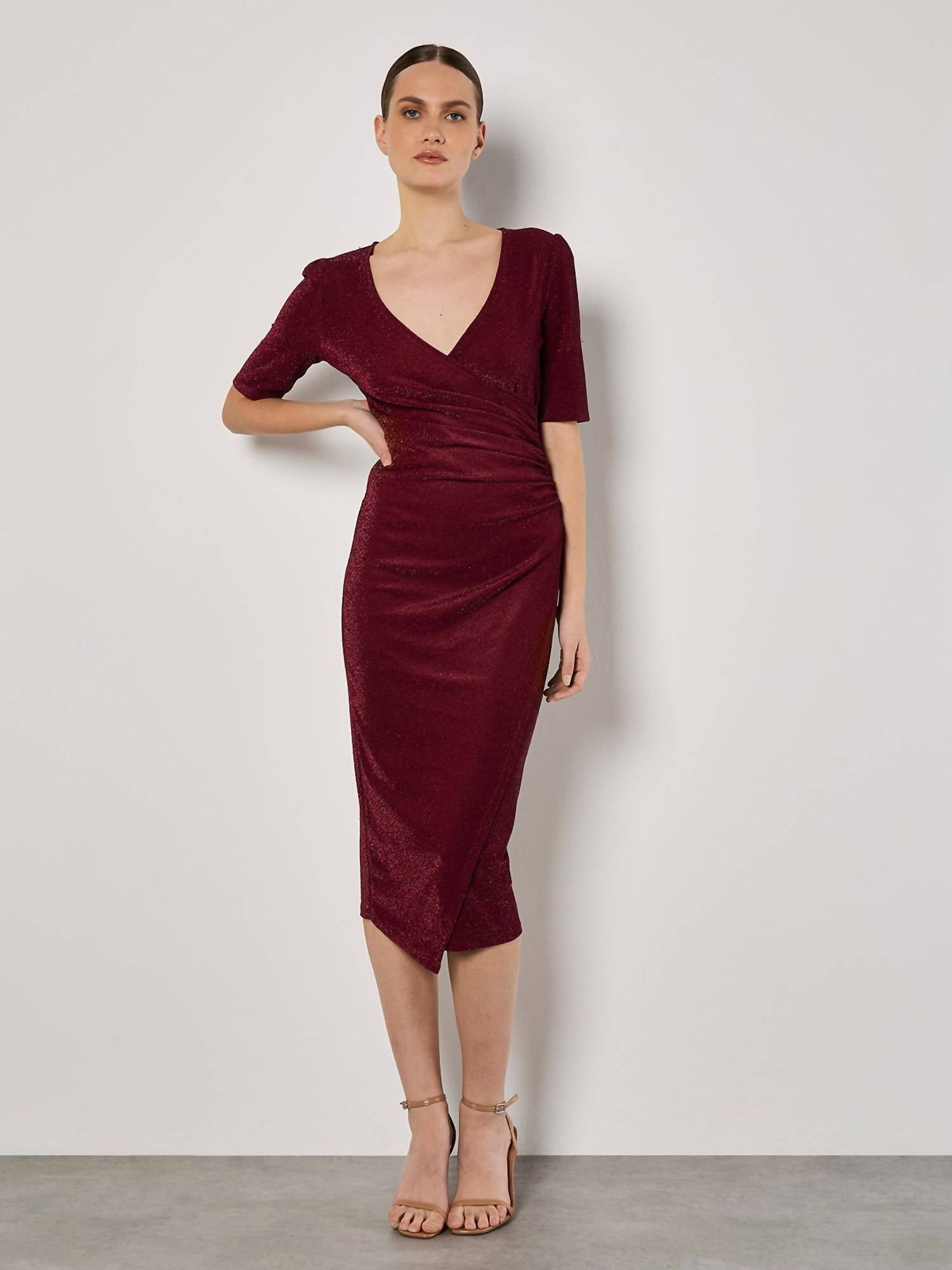 Apricot - Foil Sparkle Metallic Side Ruched Dress