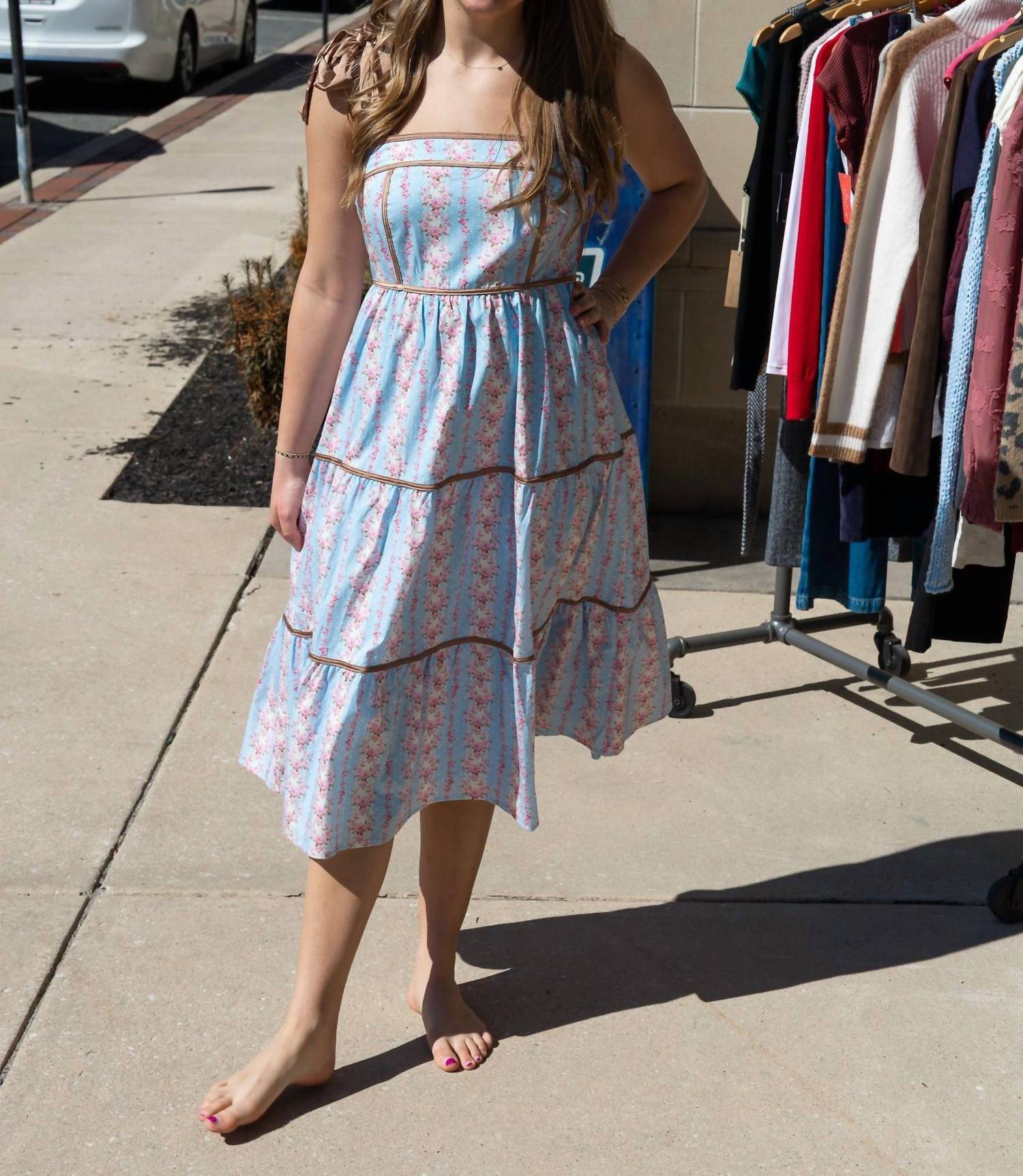 Peach Love - Contrast Shoulder Tie with binding Detail Floral Maxi Dress