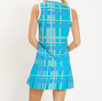 JUDE CONNALLY Maryanne Mini Dress in summer plaid aqua blue white - women's dress - detail view
