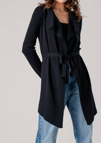 Urban Daizy Draped Front Long Sleeve Waist Tie Cardigan in black - women's cardigan