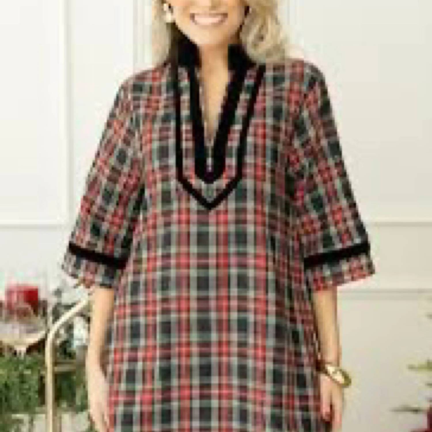 Entro - Plaid Tunic Velvet Trim Dress - Plus